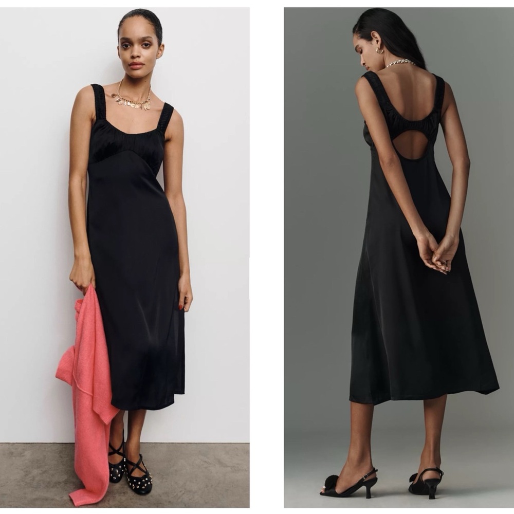 By Anthropologie Black Ruched Midi Slip Dress Sz M